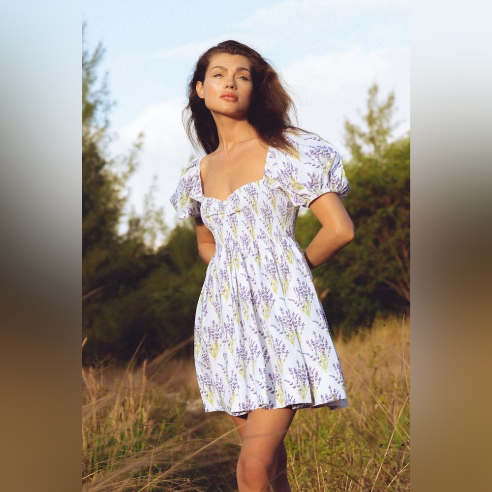 Cousin the label smocked puff sleeve lavender print dress